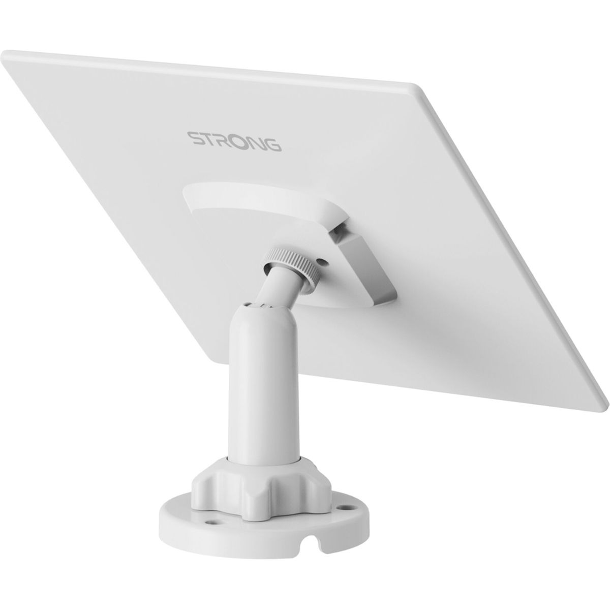Vista posteriore di un dispositivo quadrato bianco su un supporto regolabile bianco.