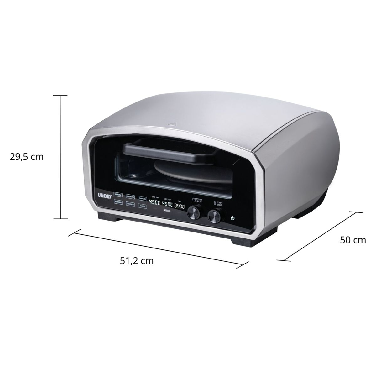 Forno d'argento da banco con display digitale, dimensioni 51,2cm L, 29,5cm A, 50cm P.