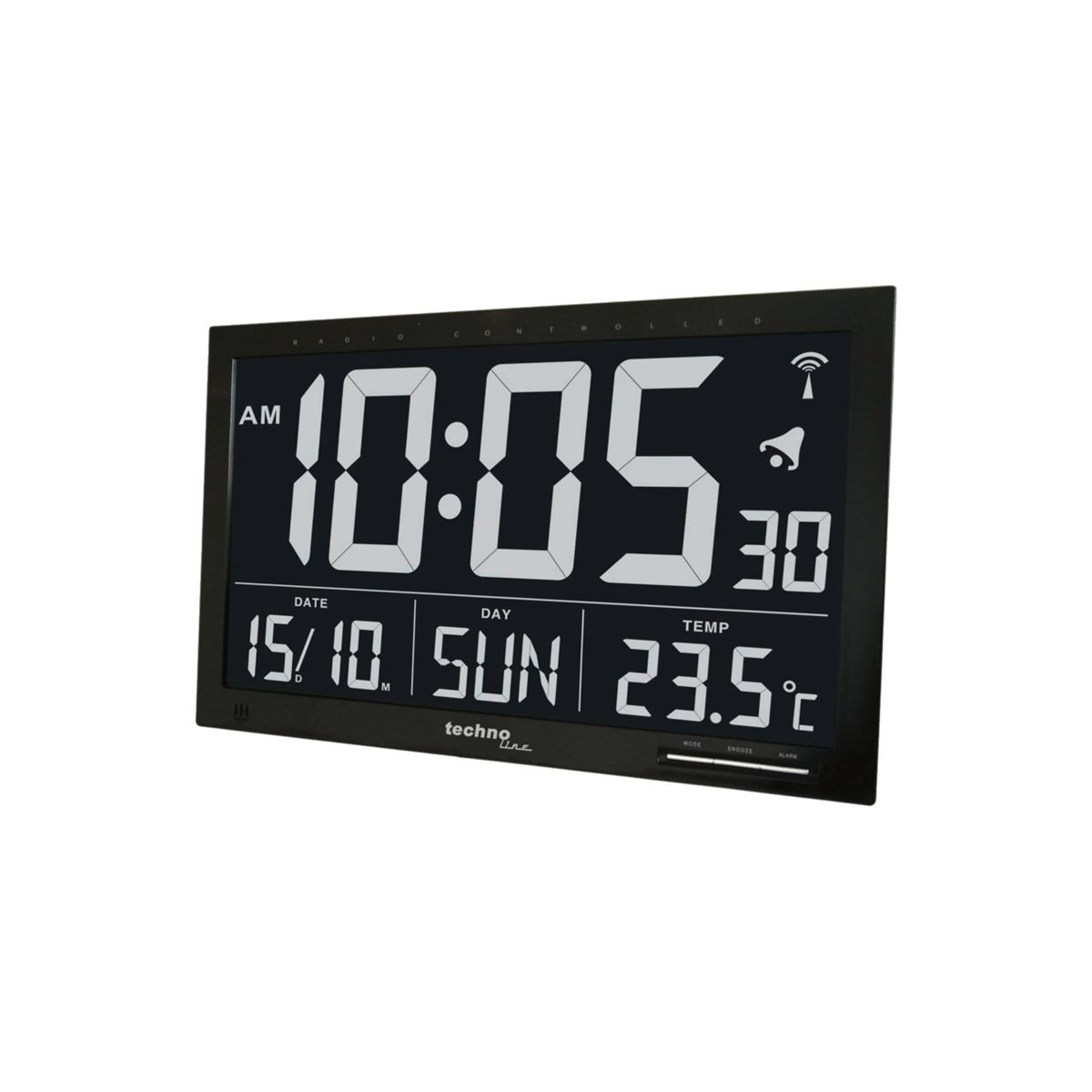 Digitaluhr zeigt 10:05 Uhr, 15.10., Sonntag, 23,5°C und 30.