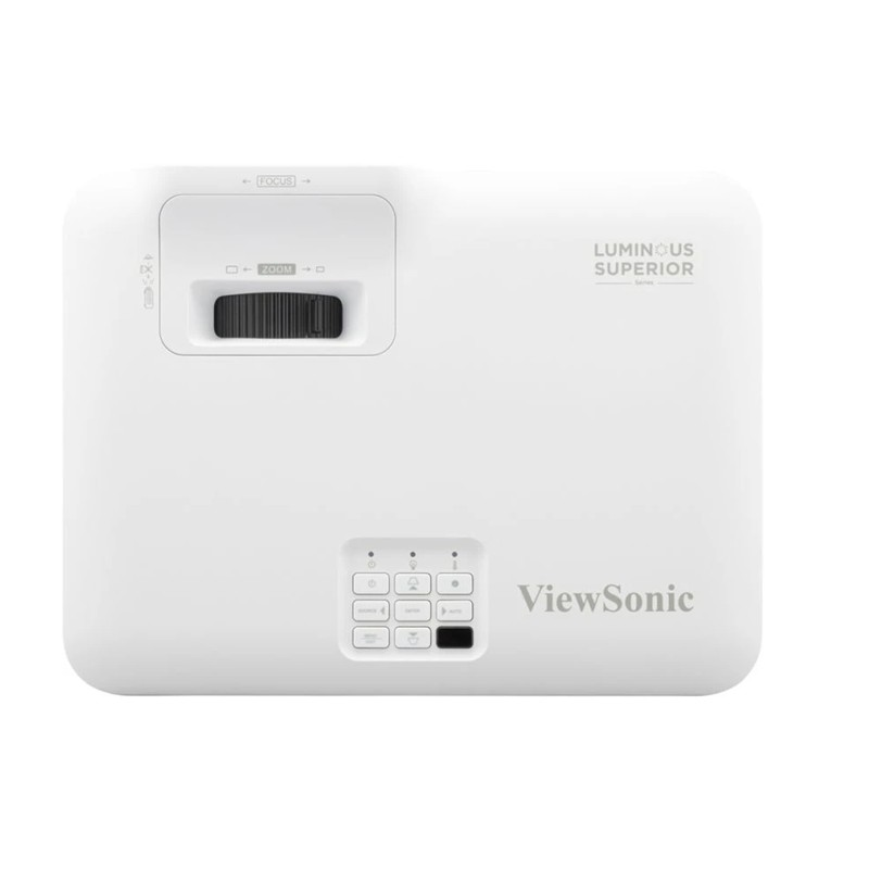 Weißer ViewSonic Projektor mit Fokus- und Zoomreglern oben.