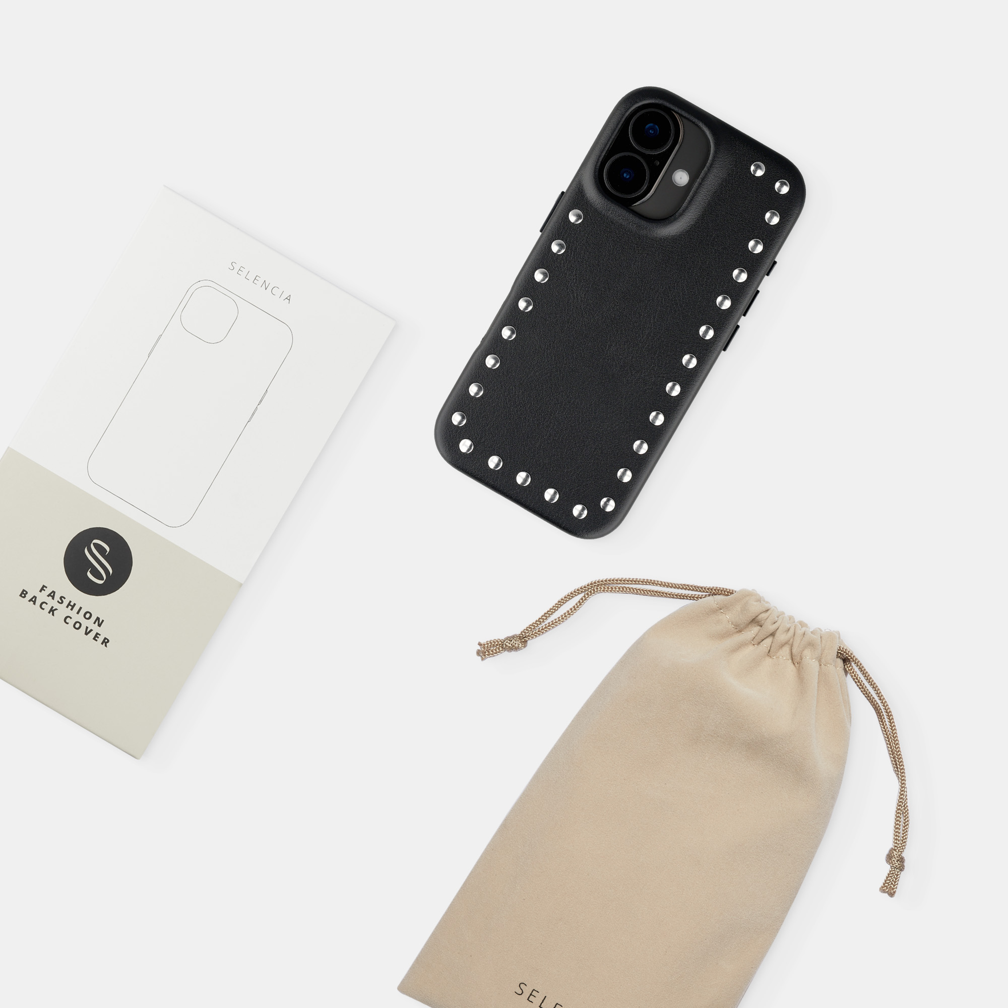 Black studded phone case, packaging, and pouch on a white background.
