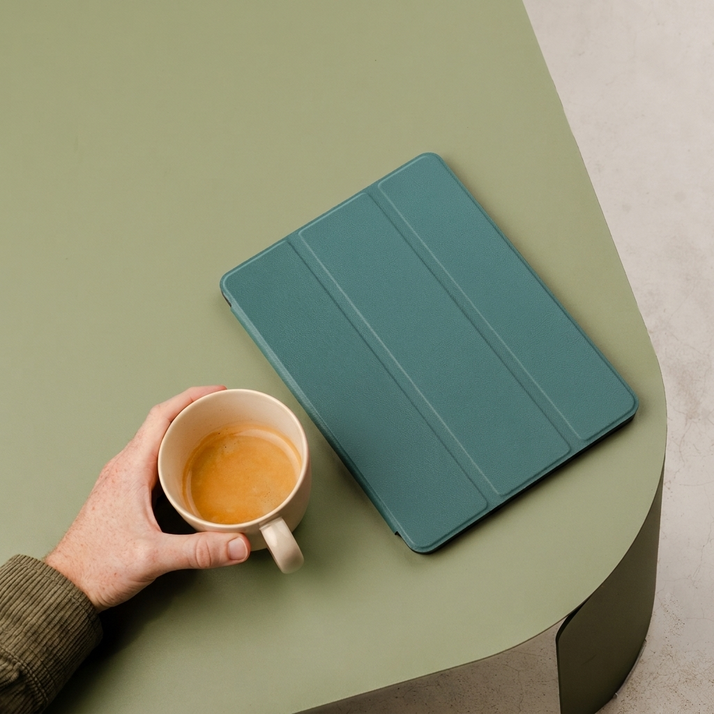 Una mano tiene una tazza di caffè accanto a un tablet chiuso con cover.