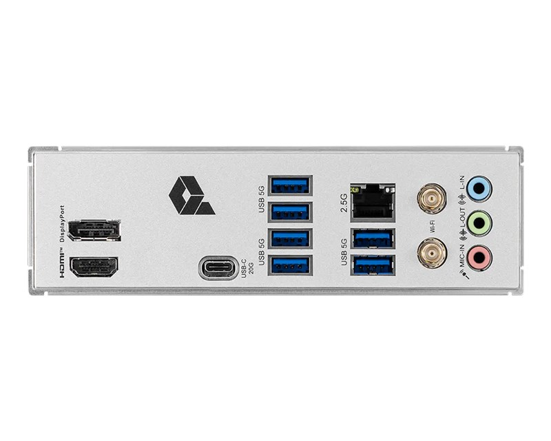 Bilgisayar arka paneli portlarla: HDMI, DisplayPort, USB-C, USB 5G, 2.5G Ethernet, Wi-Fi.