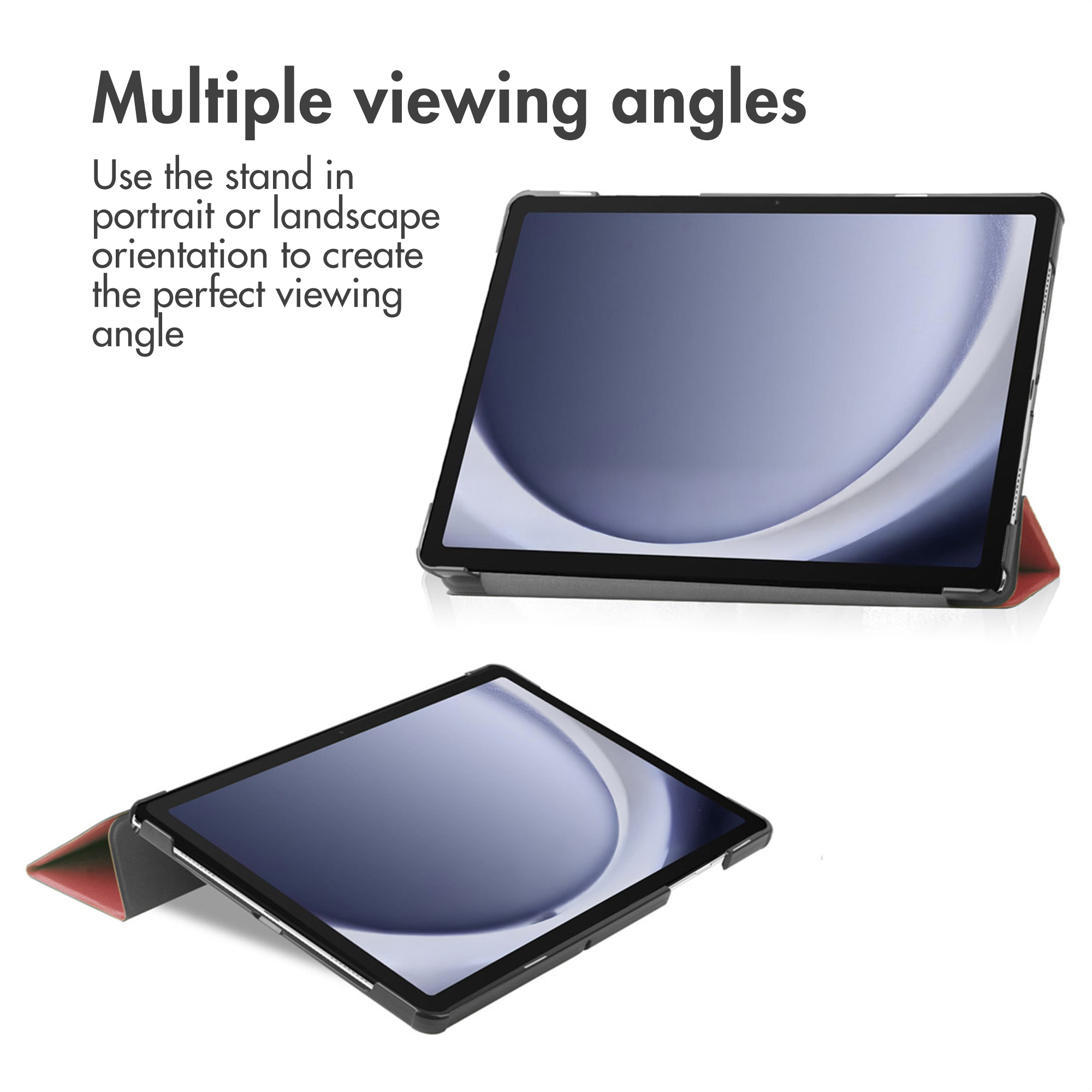 A tablet with a stand shown in portrait and landscape orientations.