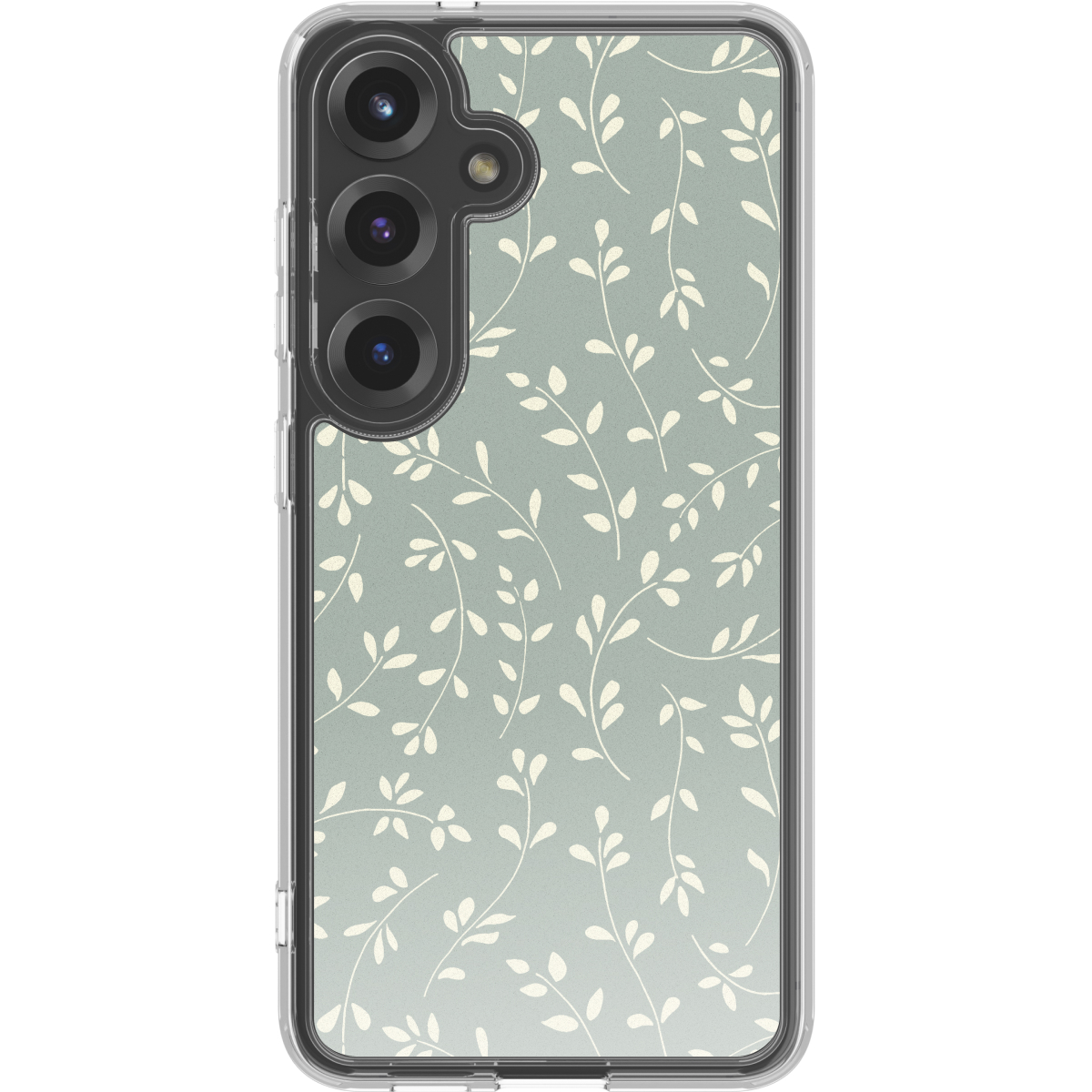 Uno smartphone in una custodia trasparente con motivo a foglie verdi.