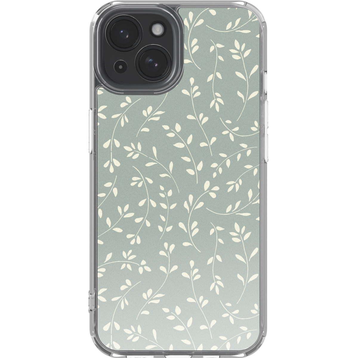 An iPhone with a clear case featuring a pale green pattern of branches with leaves.