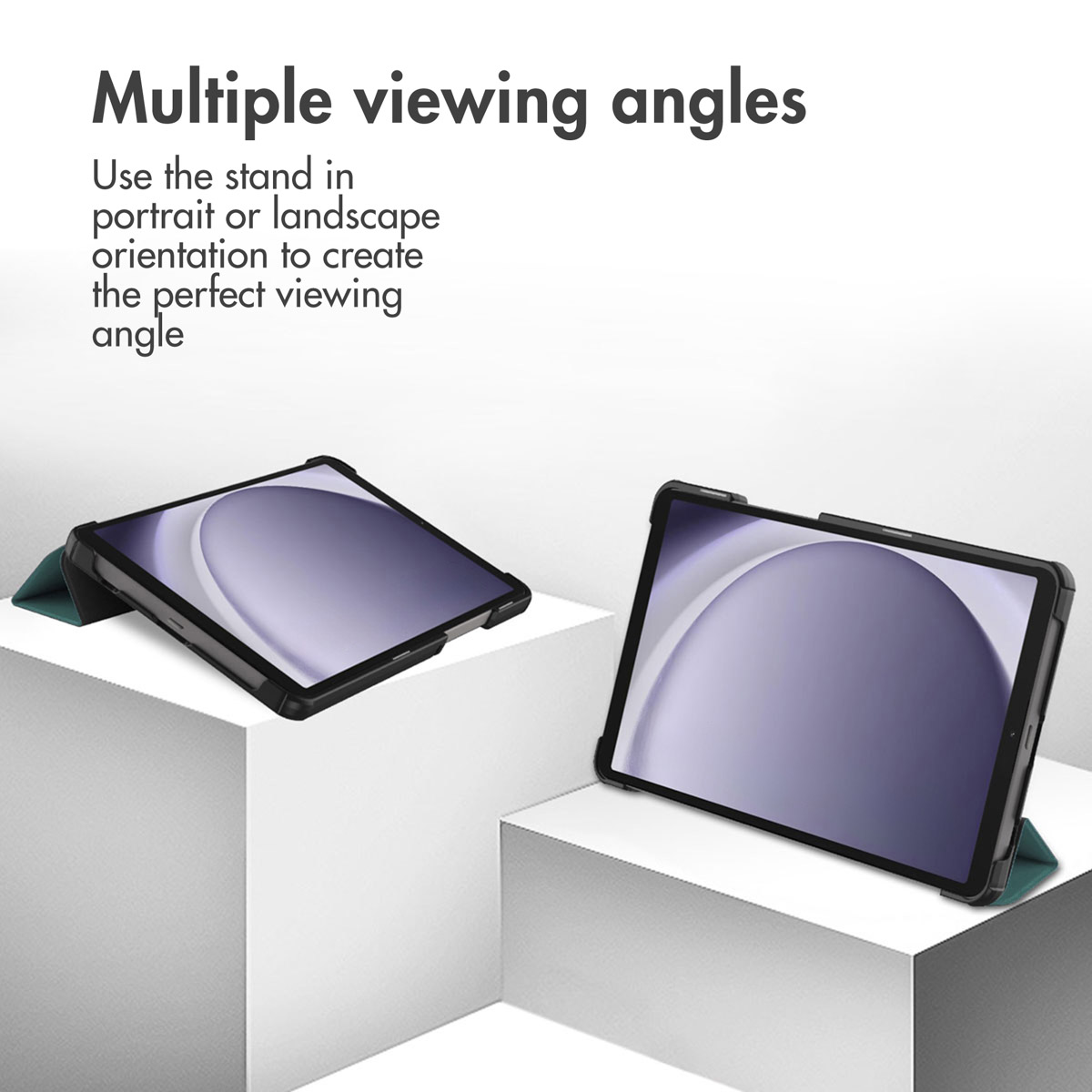 Two tablets in cases, one in portrait, one in landscape orientation.