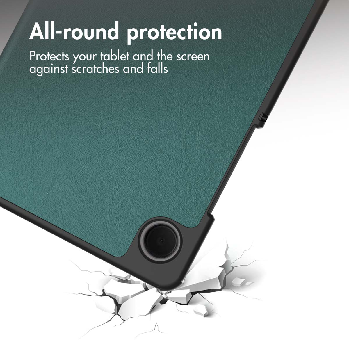 Green tablet case with black frame hitting cracked surface.