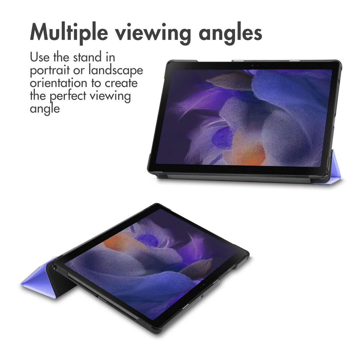 Two black tablets with purple stands demonstrating different viewing angles.