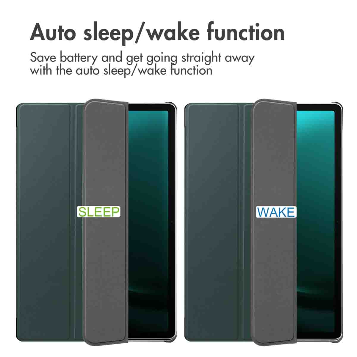 Two tablets with covers: Left shows "SLEEP", right shows "WAKE".