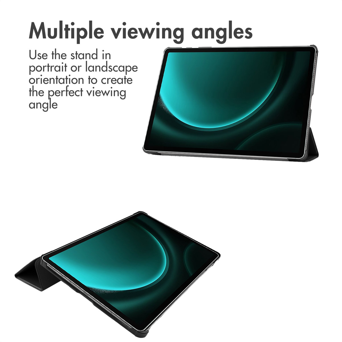 A tablet in a black stand, shown in two views.