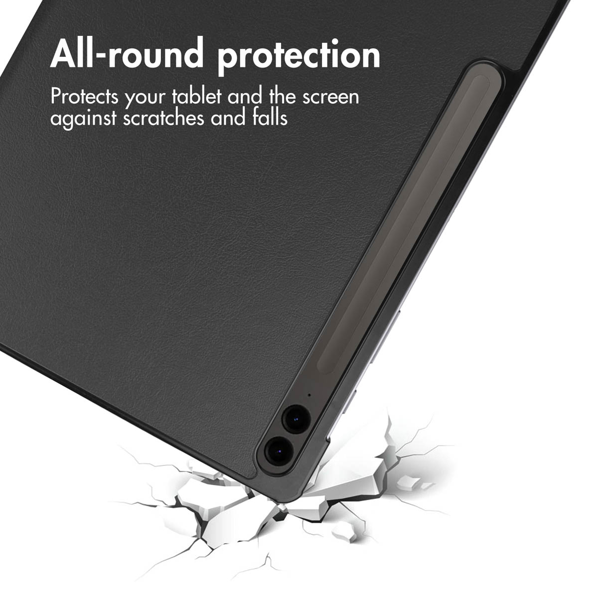 Black tablet with cover falling on white surface.