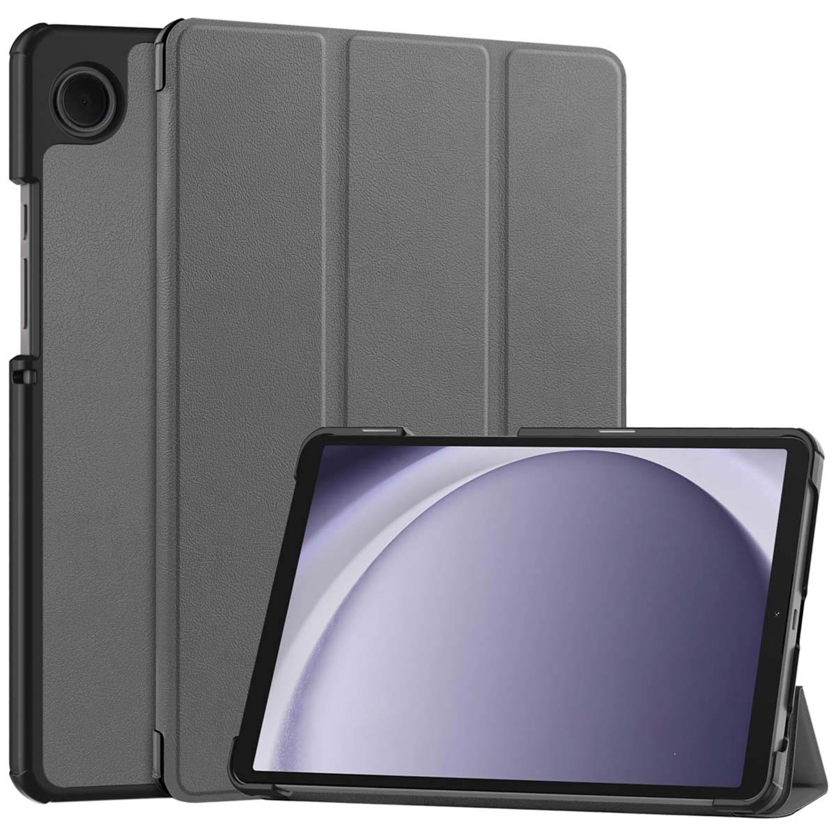 A gray tablet case is shown standing, with a tablet inside displaying a gray background.