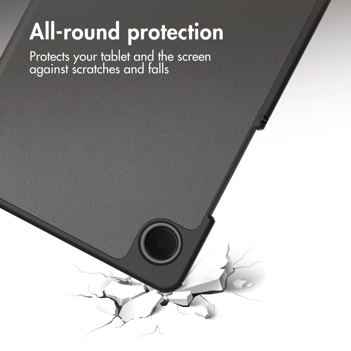Black tablet case falling and breaking white surface.