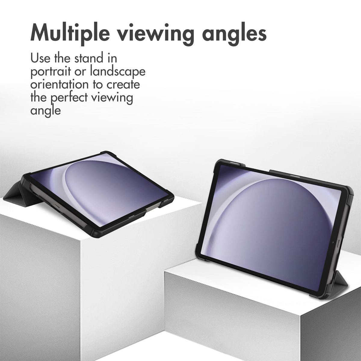 Two tablets in cases shown at different angles on white blocks.