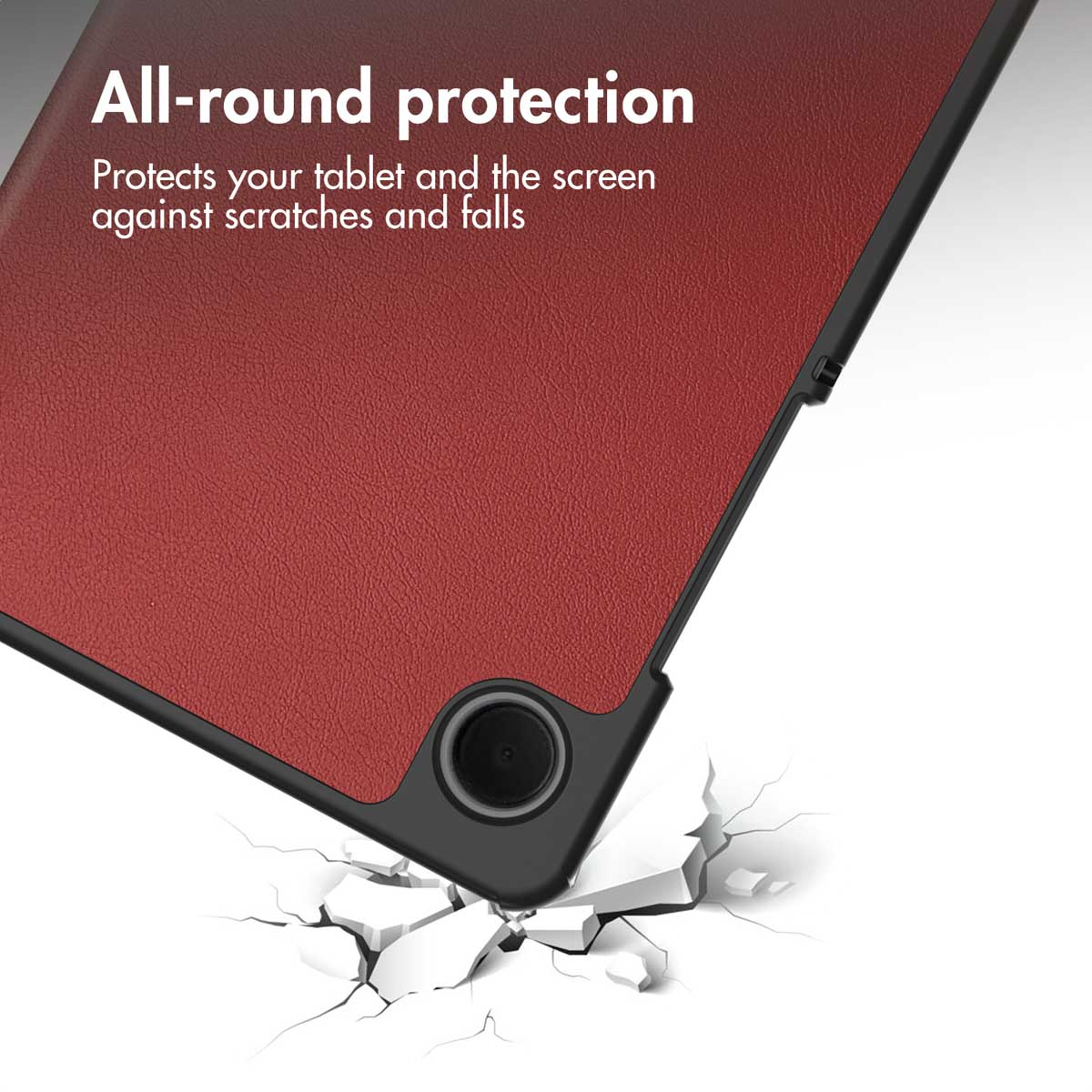 Red tablet case with black trim, protecting against drops.