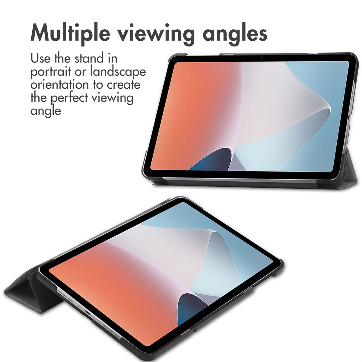 Two tablets in landscape mode, propped up by stands to show different viewing angles.