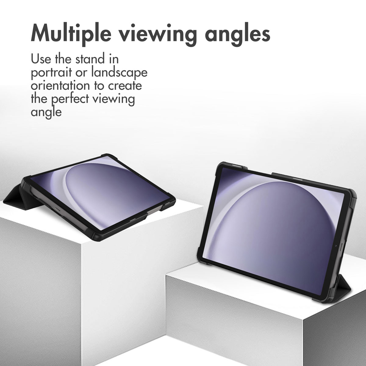 Two tablets in protective cases on white blocks showing different viewing angles.
