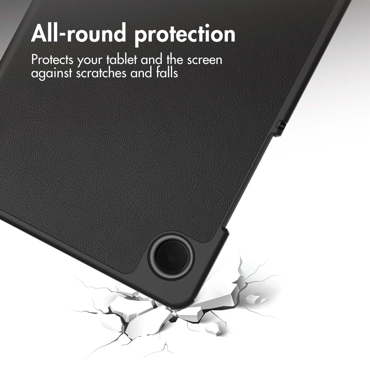 Black tablet case falls onto white shards. All-round protection.