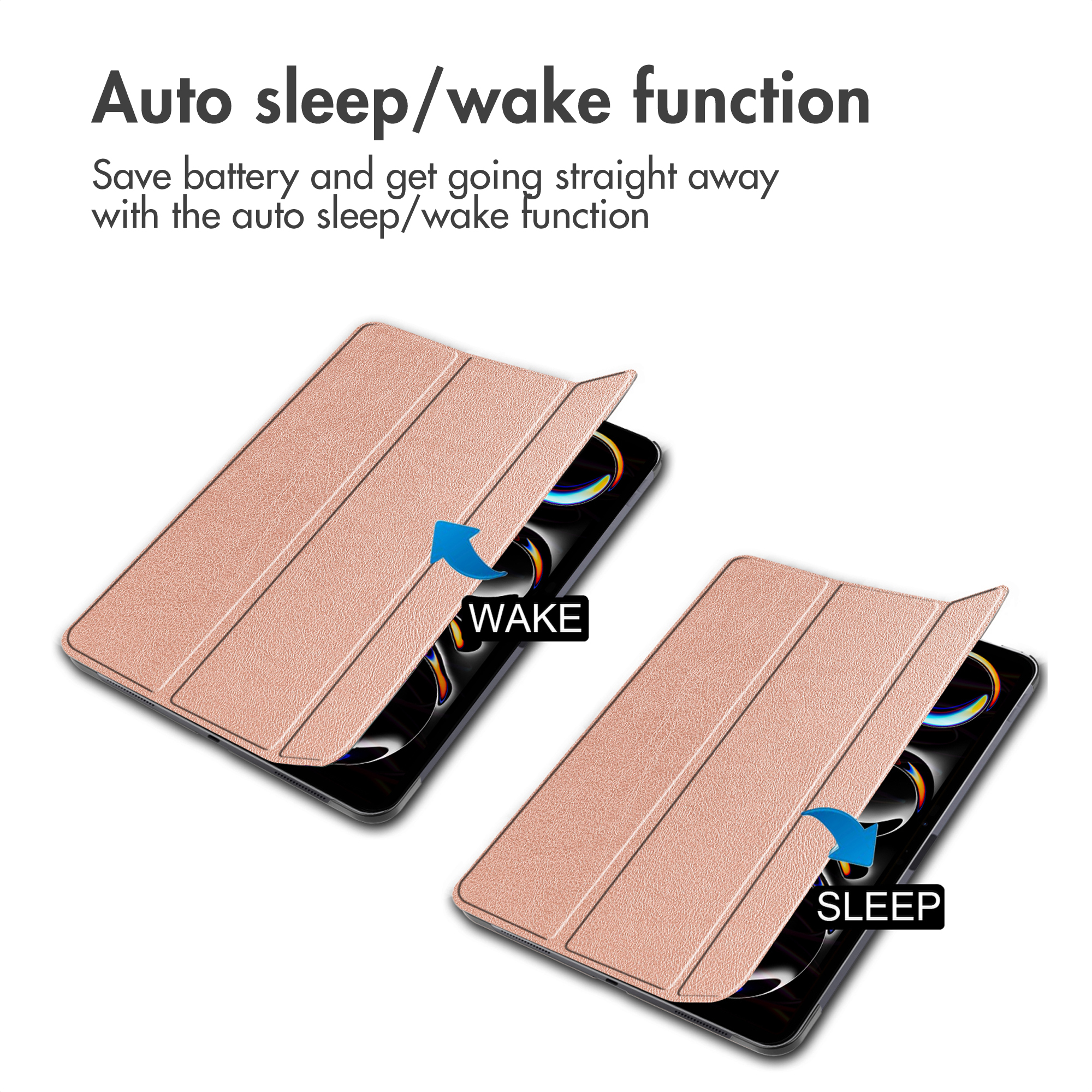 Due custodie per tablet oro rosa mostrano la funzione sleep e wake.
