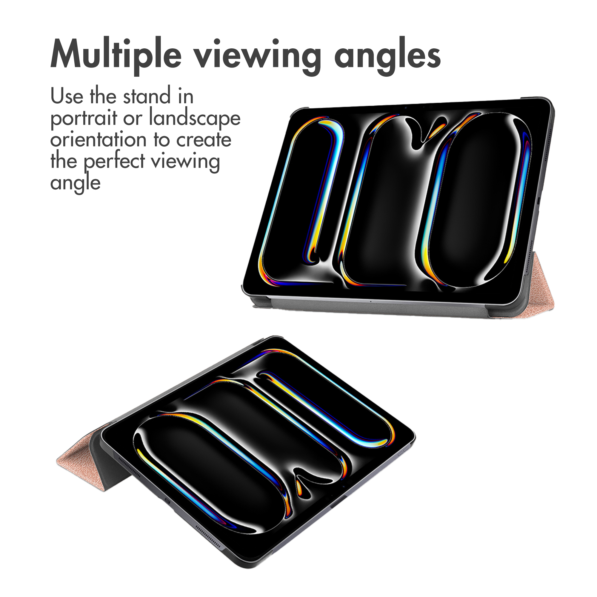 Un tablet in un supporto oro rosa, che mostra molteplici angolazioni.