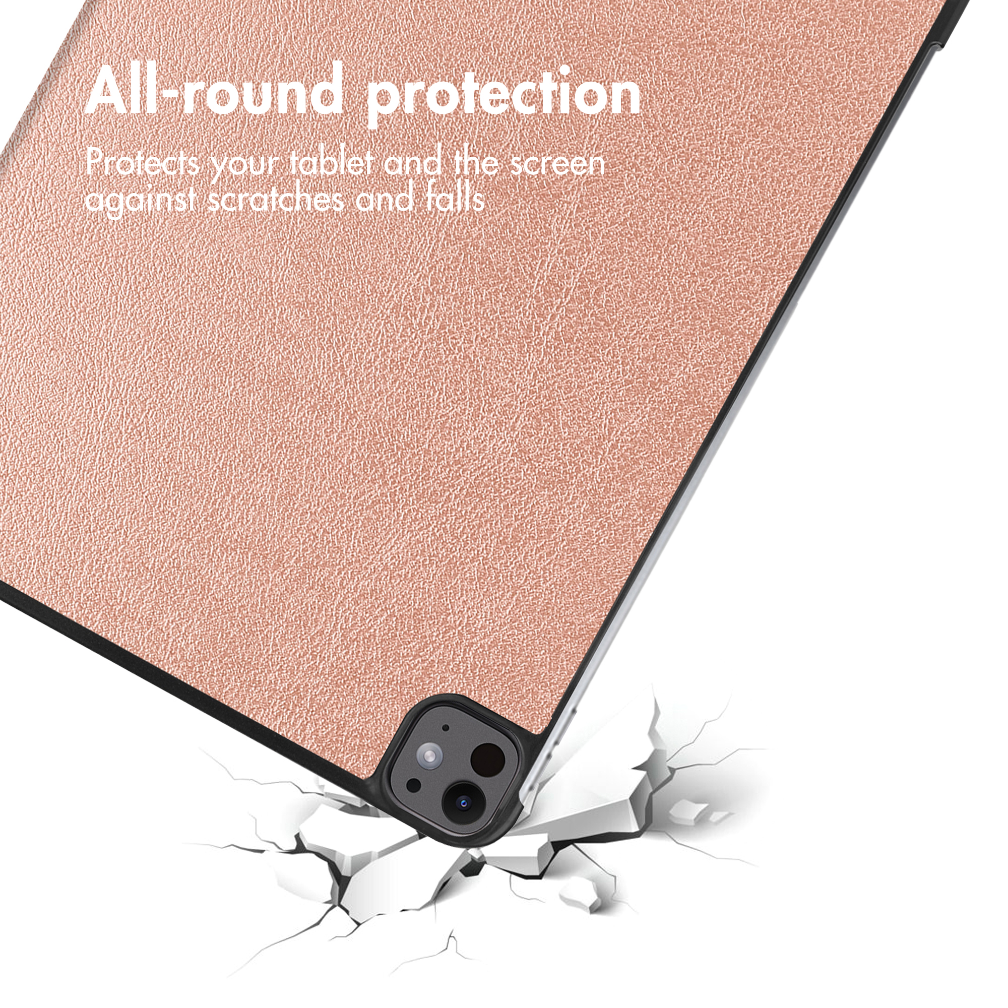 Custodia rosa per tablet cade, rompendo superficie bianca. Protezione completa.