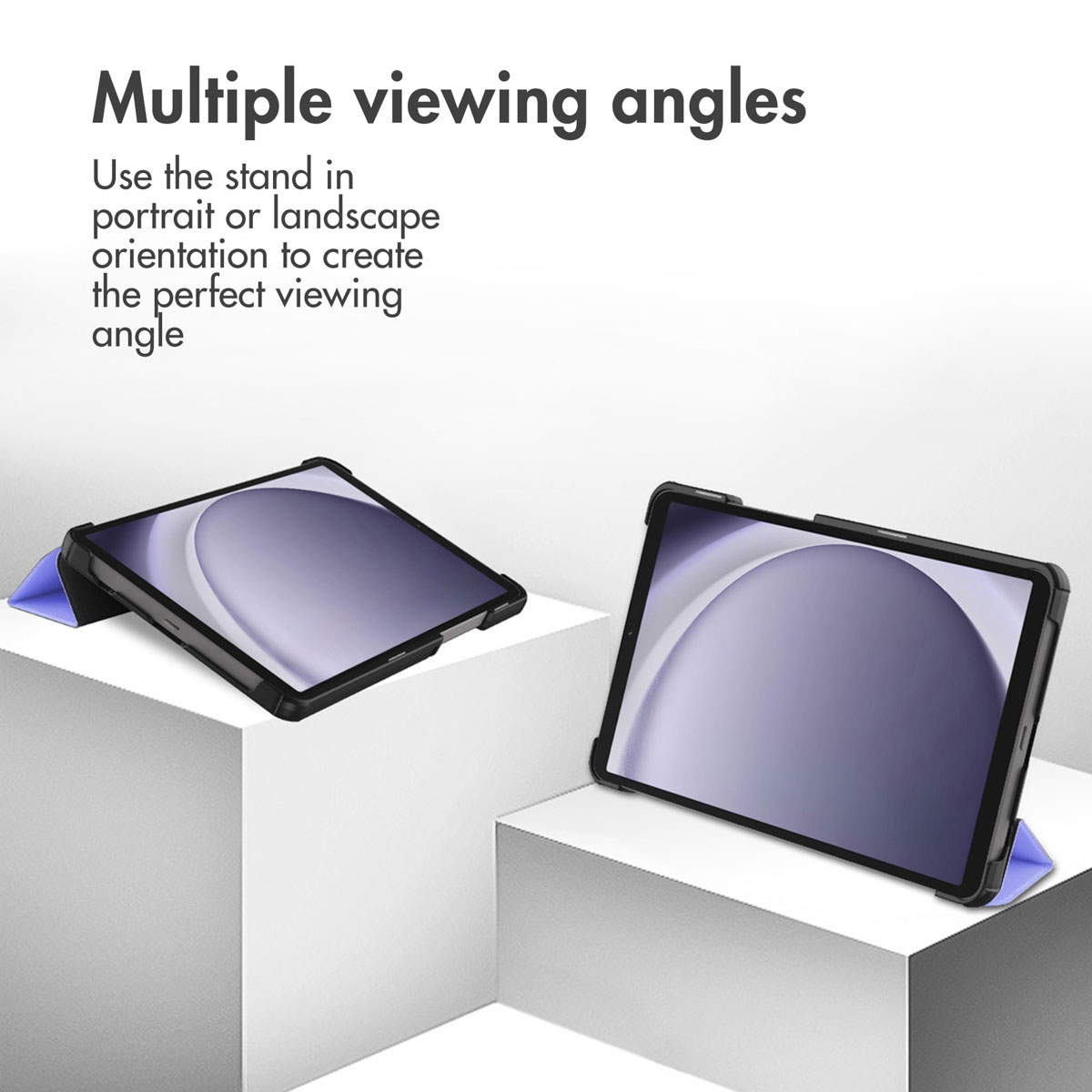 Two tablets in cases stand on white pedestals at different viewing angles.