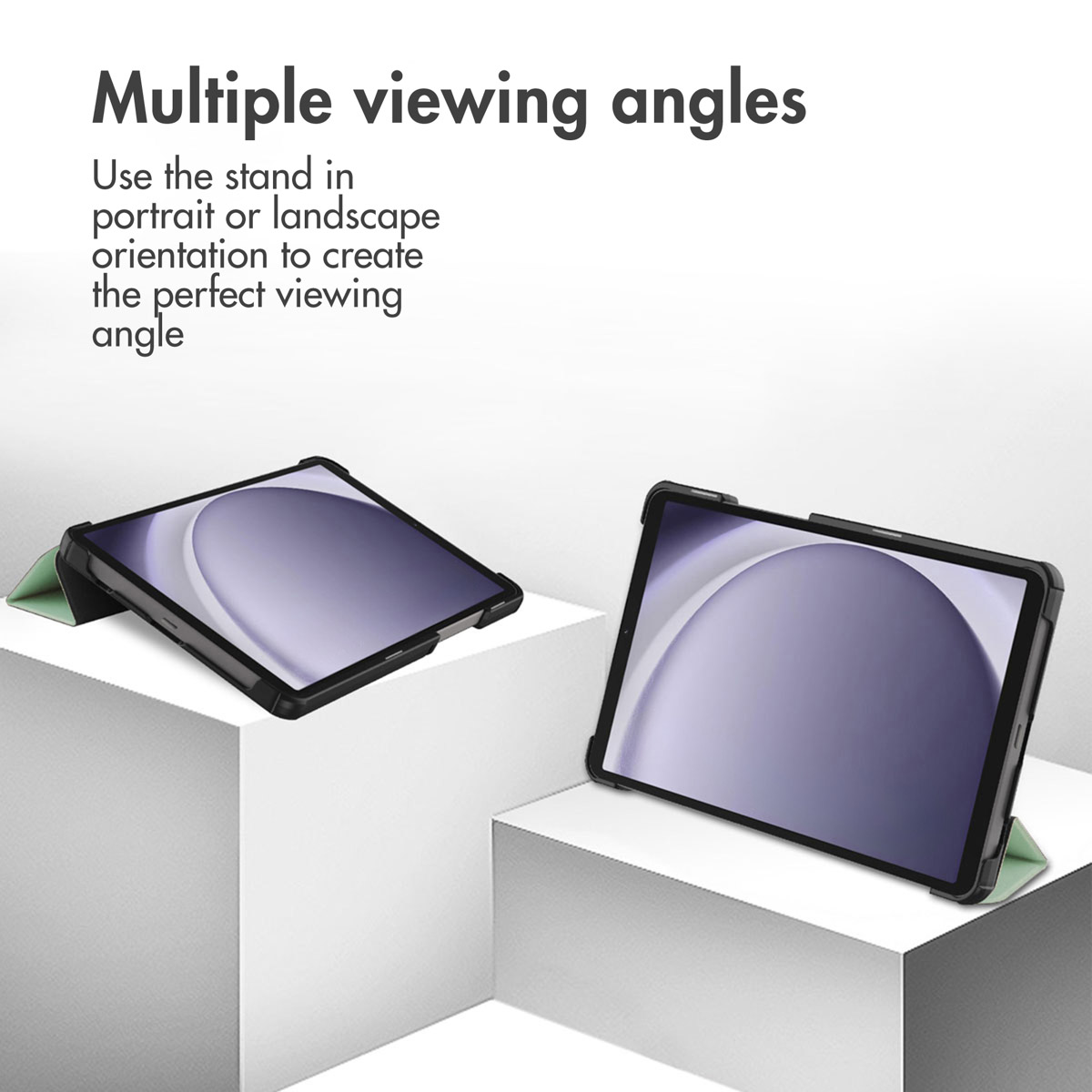 Two tablets with stands in different viewing angles on white blocks.