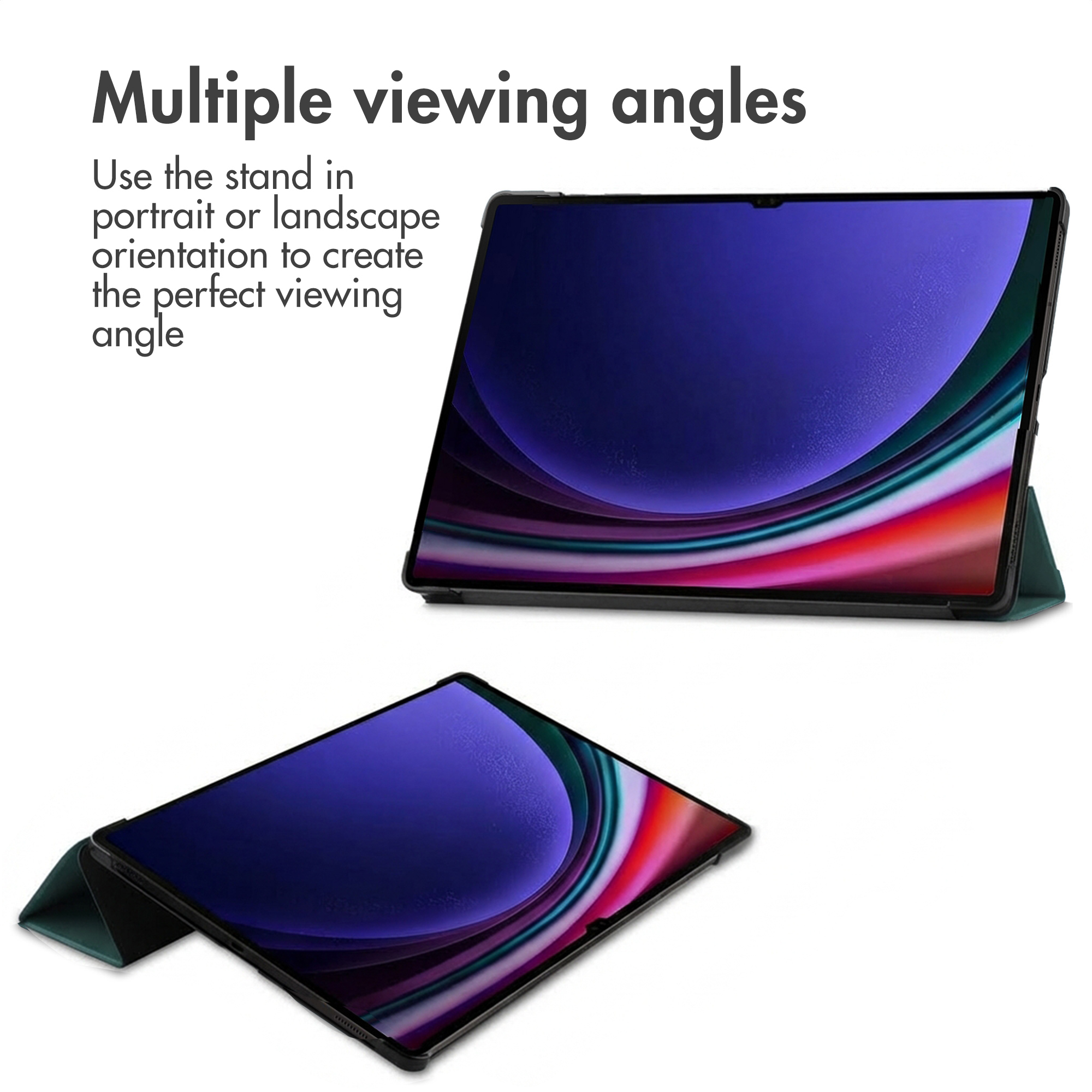 A tablet with a green stand shown in two views, demonstrating portrait and landscape modes.