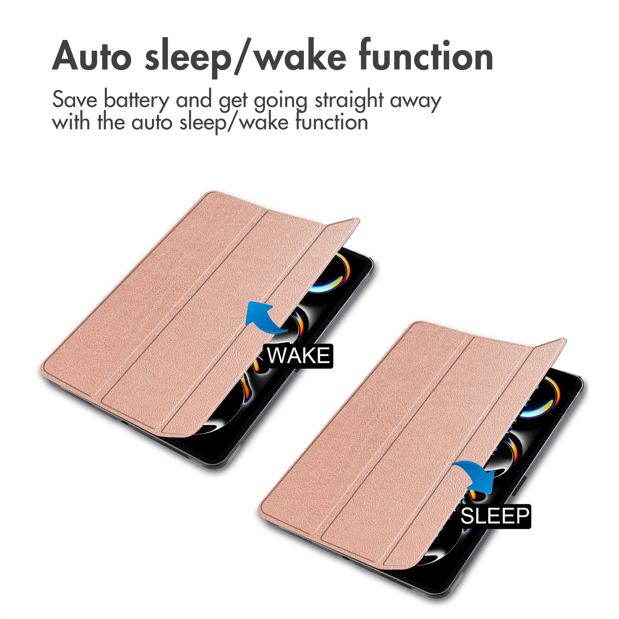 Due custodie per tablet color oro rosa, una indica 'WAKE', l'altra 'SLEEP'.