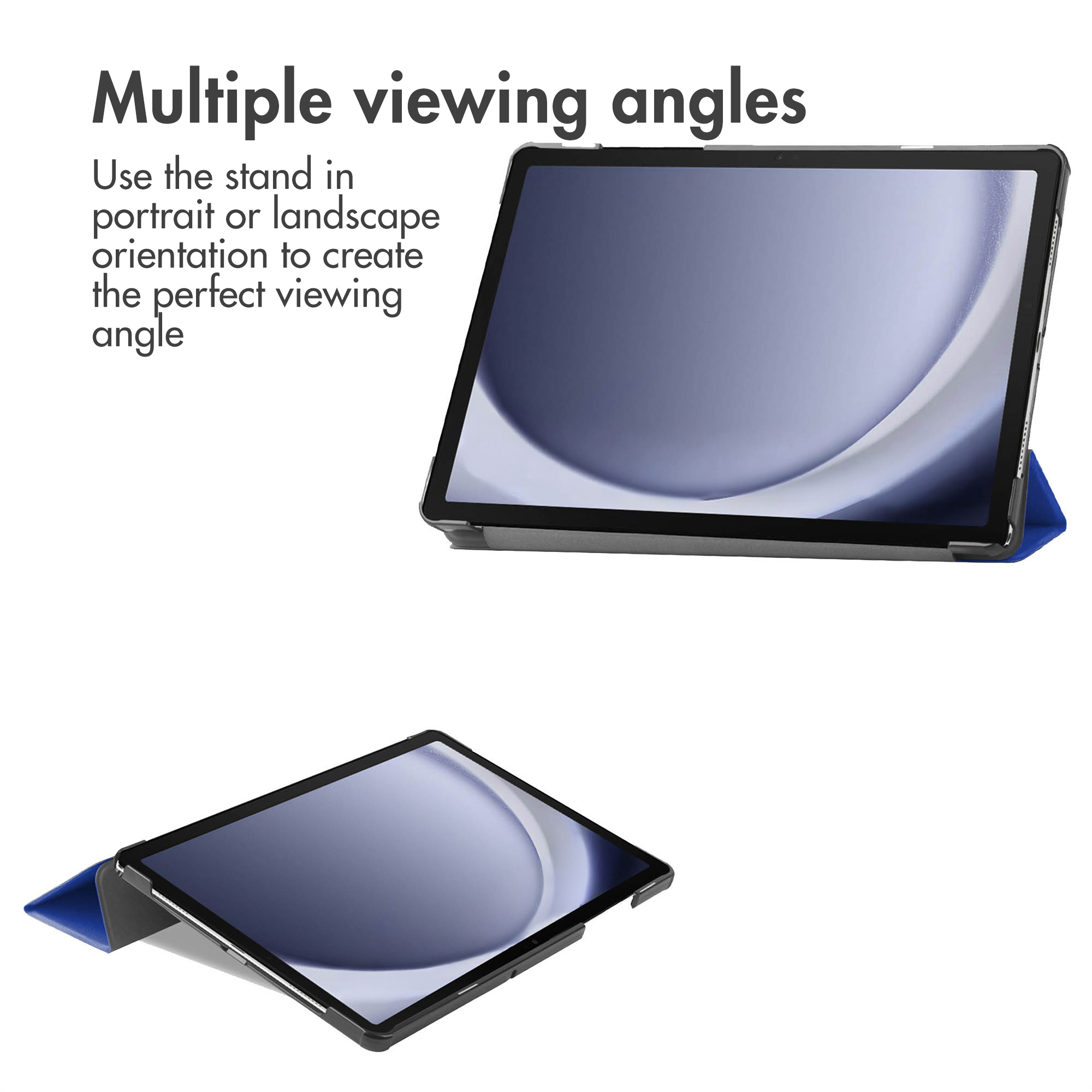 A tablet in a blue case shown in two orientations.