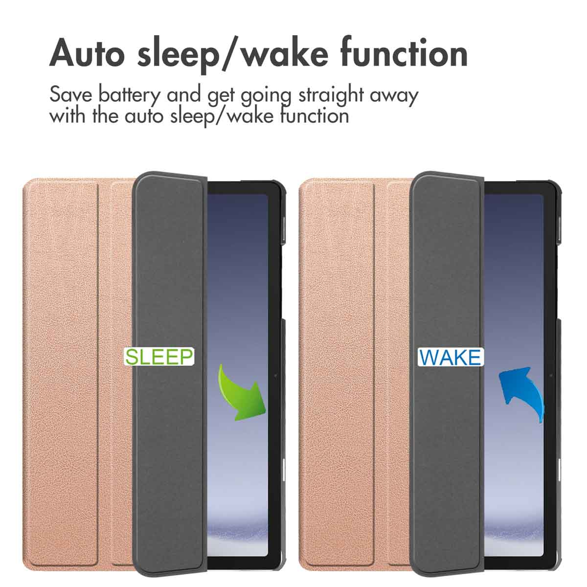 Two tablets in pink cases: left in sleep mode with green arrow, right in wake mode with blue arrow.