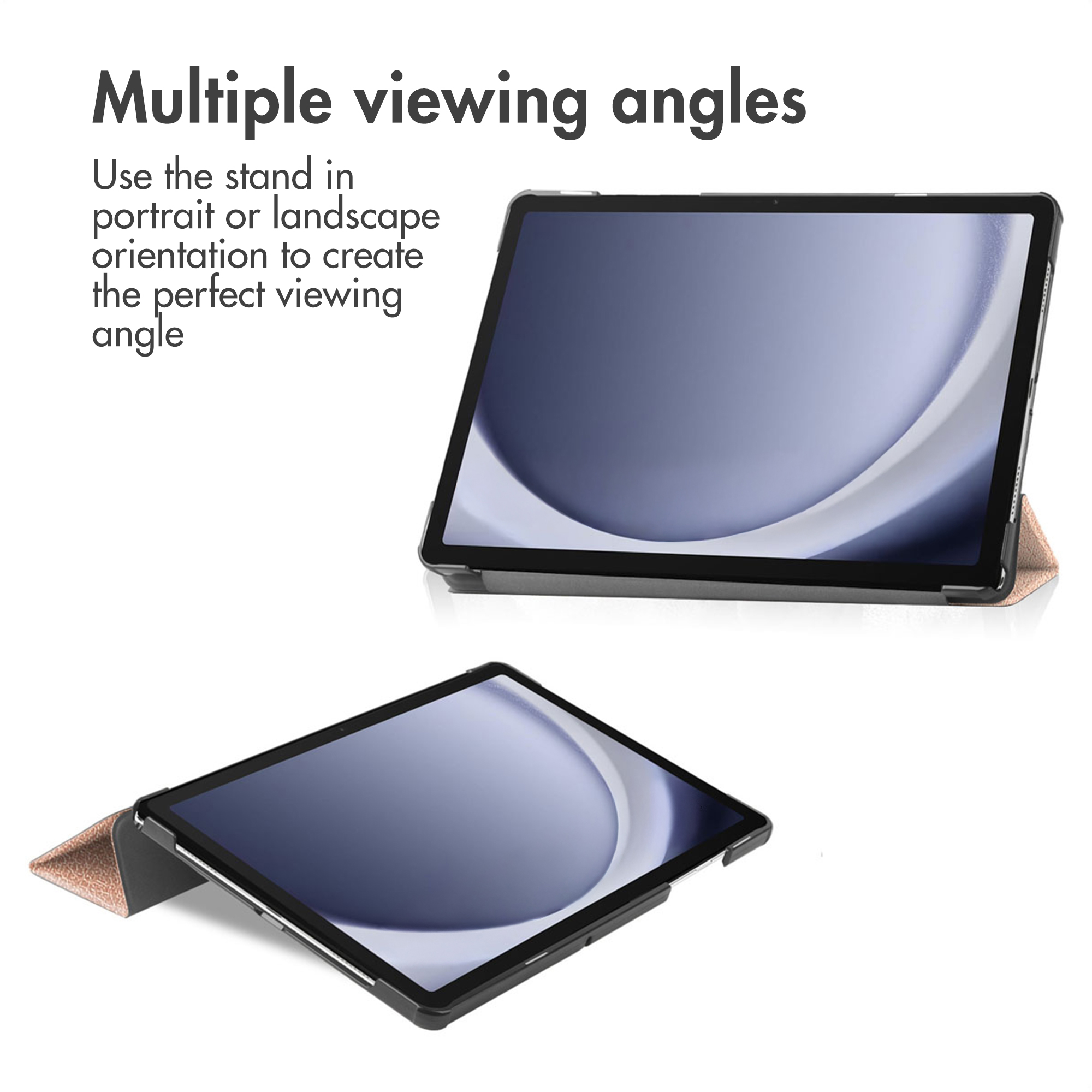 Tablet in portrait and landscape mode with stand for multiple viewing angles.
