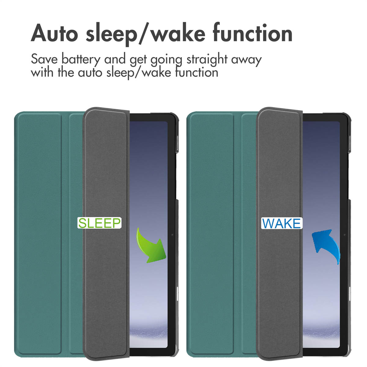 Two tablets show auto sleep/wake function. One says SLEEP, other WAKE.