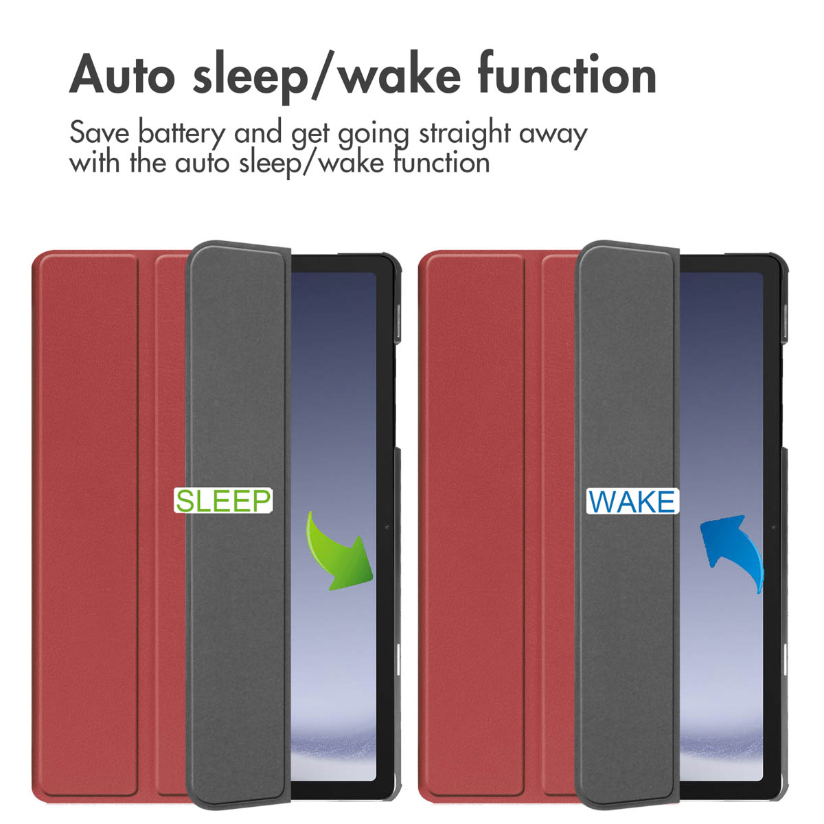 Two tablets in red covers. One shows 'SLEEP' and a green arrow, the other 'WAKE' and a blue arrow.