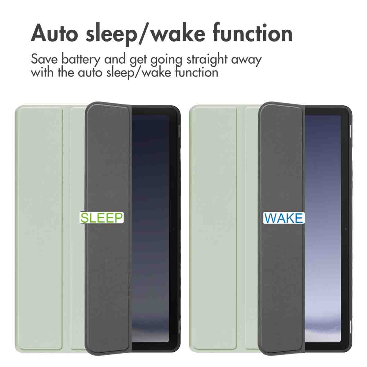 Two tablets with open covers. One shows 