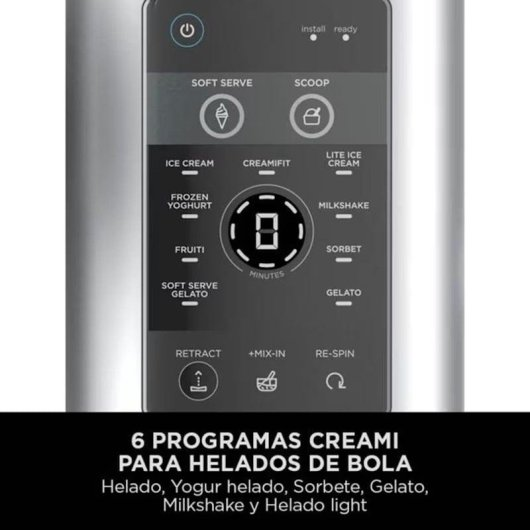 Panel de control táctil para máquina de helados con programas como helado, yogur, sorbete y batido.