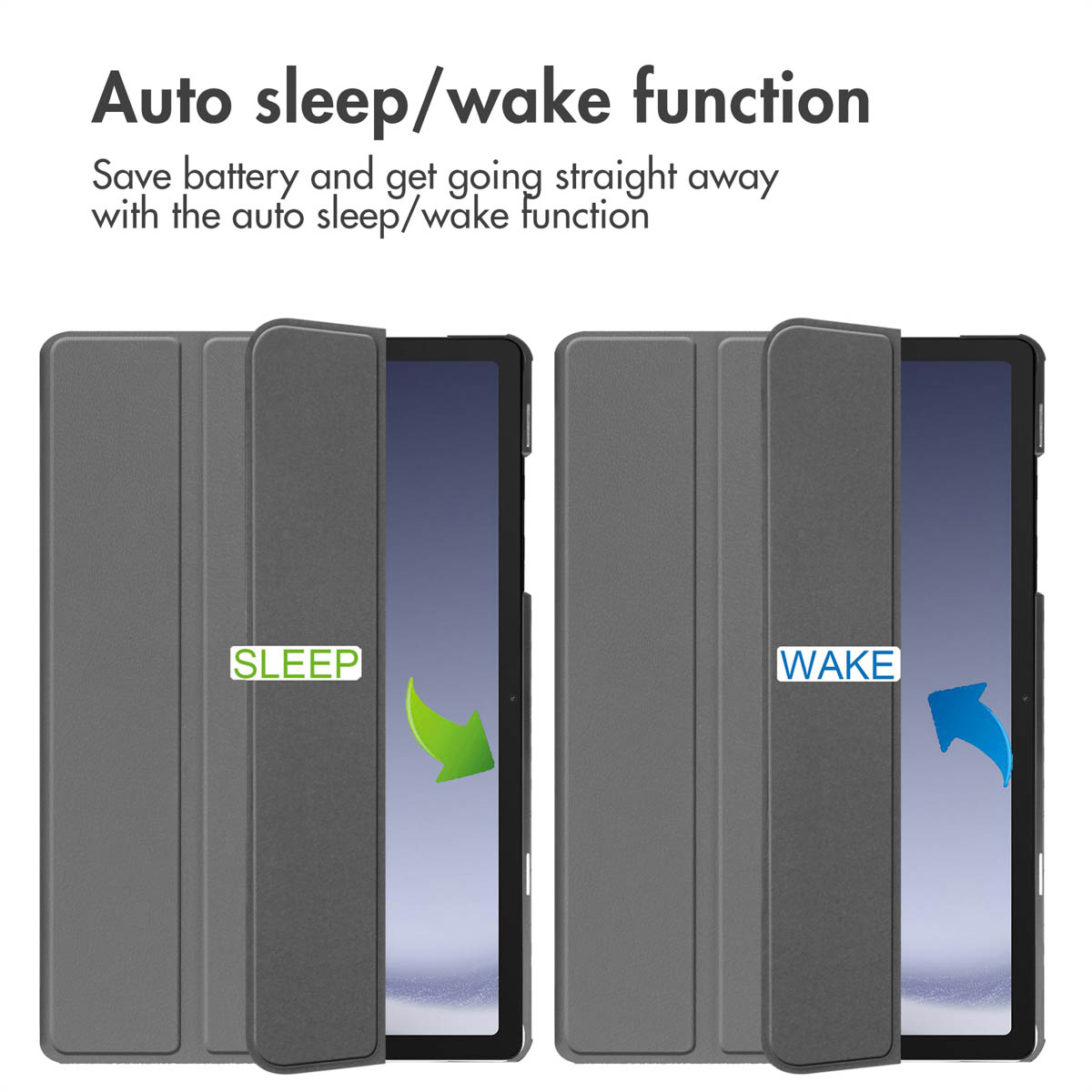 Gray tablet covers show sleep and wake functions with arrows.