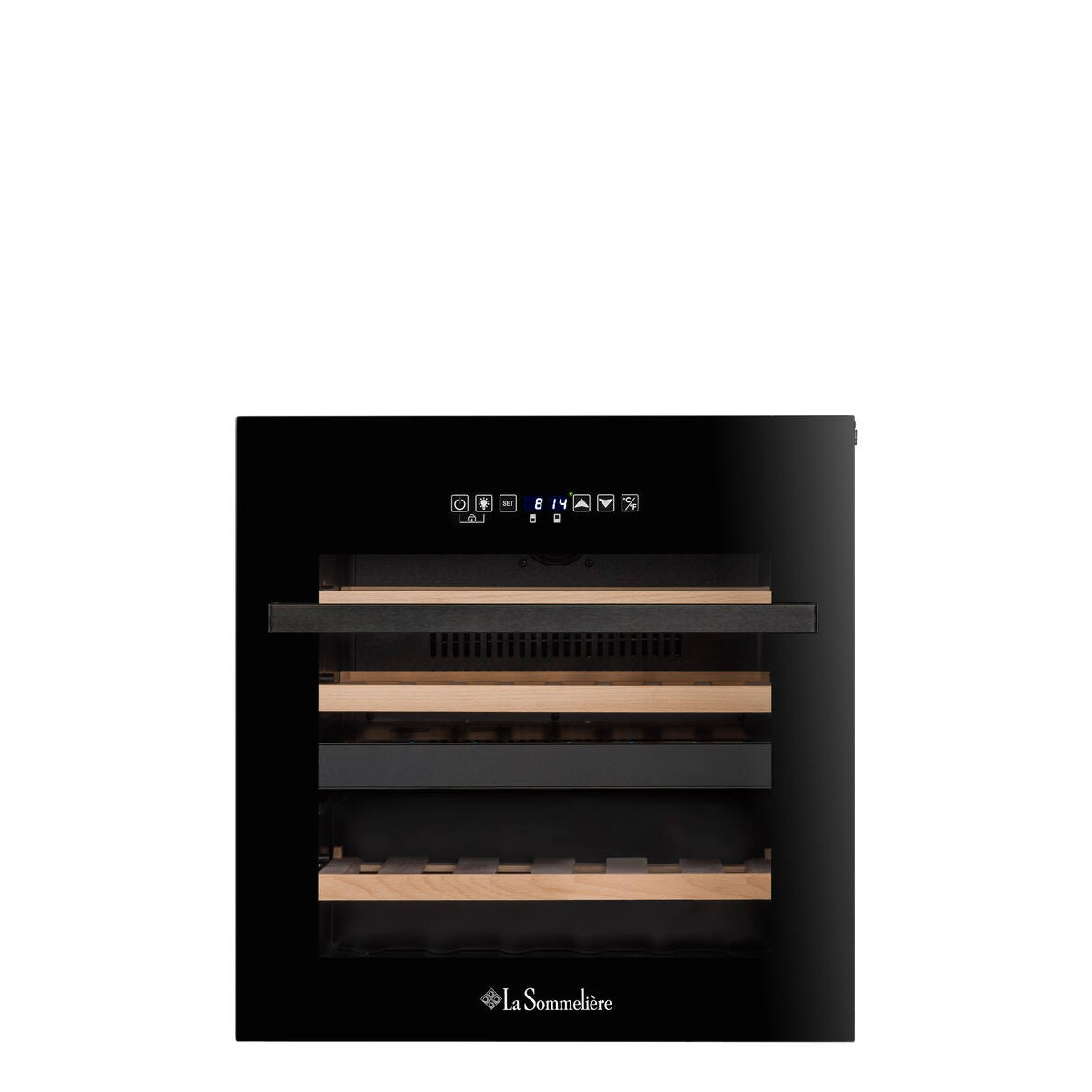 Vinoteca negra con estantes de madera y pantalla digital.