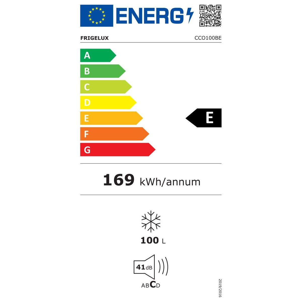 Energielabel mit Energieeffizienzklasse E, 169 kWh/Jahr, 100L, 41dB.