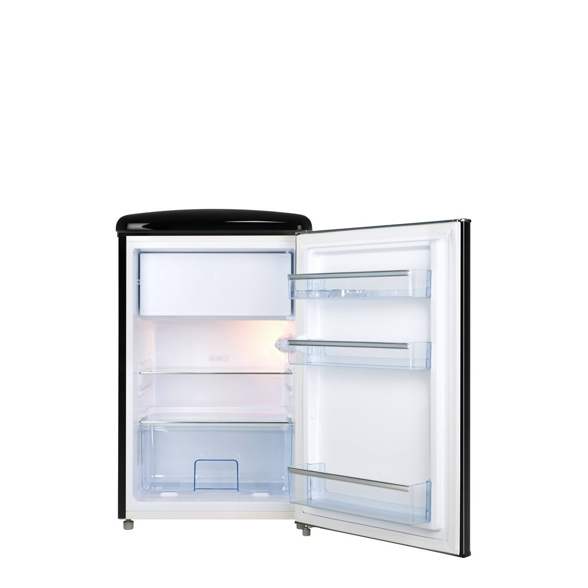 Un refrigerador negro con la puerta abierta, vacío y limpio.