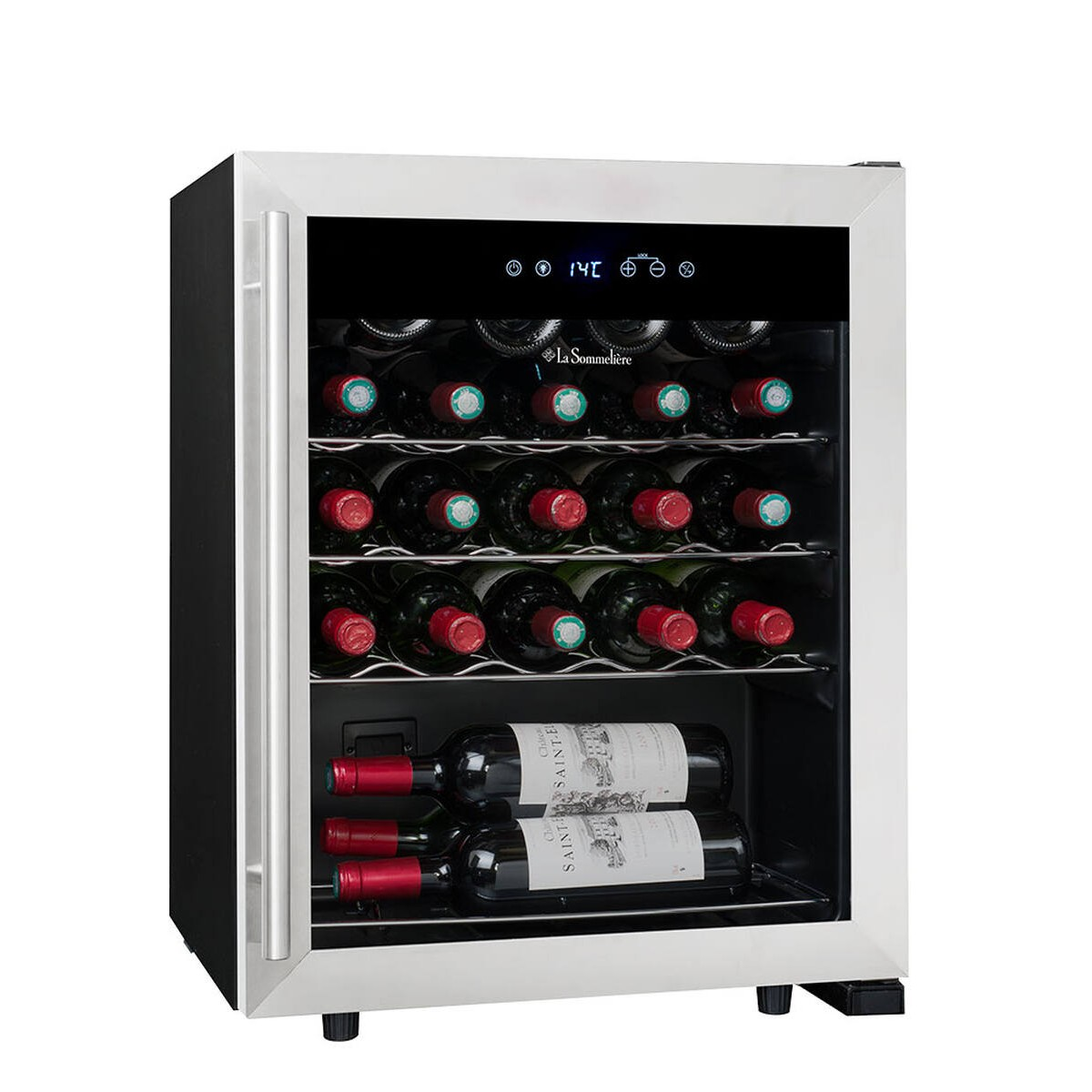 Un enfriador de vino con puerta de cristal, lleno de muchas botellas de vino en filas.