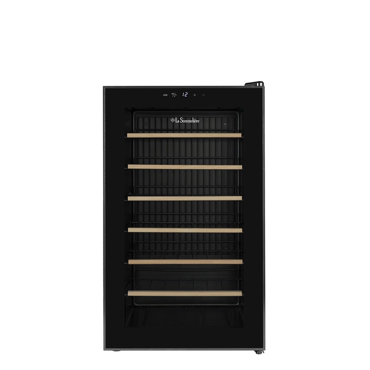 Cantinetta vino nera con porta in vetro, ripiani in legno e display digitale.