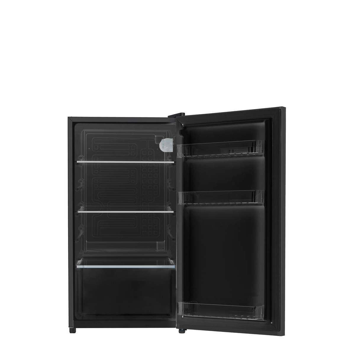 Un frigorifero nero con porta aperta. Mensole visibili all'interno.