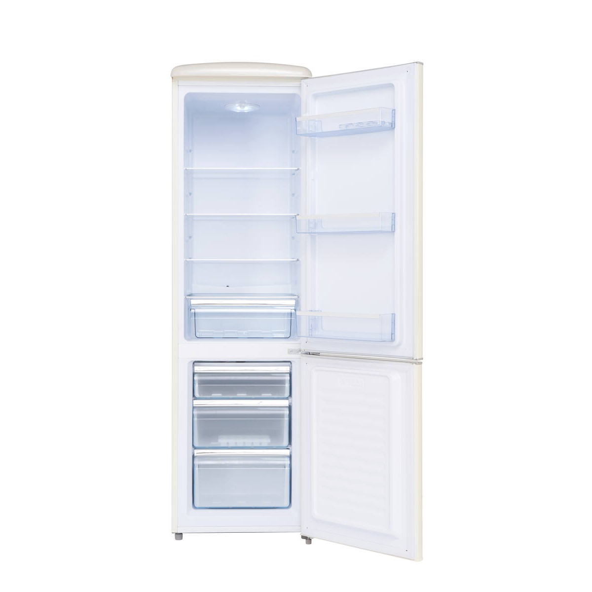 Ein offener, cremefarbener Kühlschrank mit mehreren Regalen und Schubladen.
