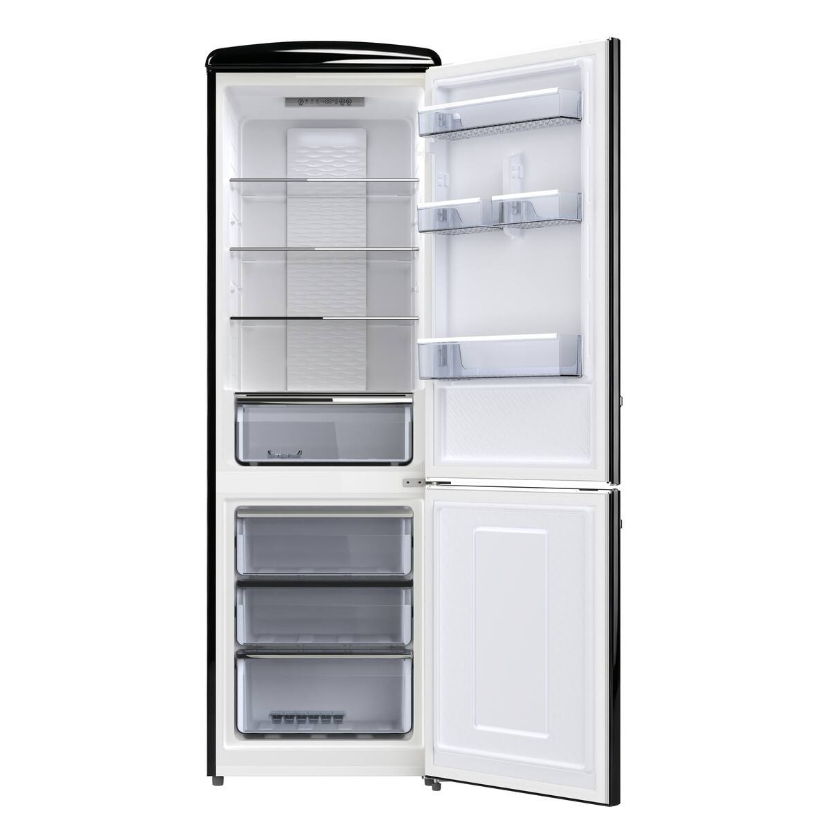 Un refrigerador negro abierto con múltiples estantes y cajones.
