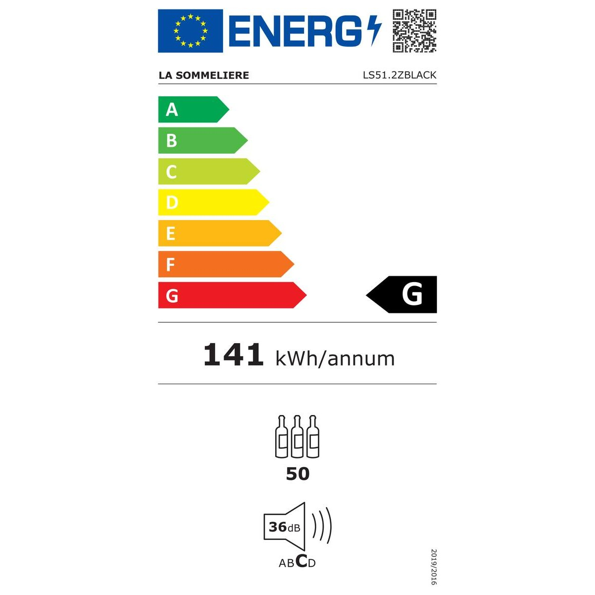 Energieeffizienzlabel: Klasse G, 141 kWh/Jahr, 50 Flaschenkapazität, 36dB.