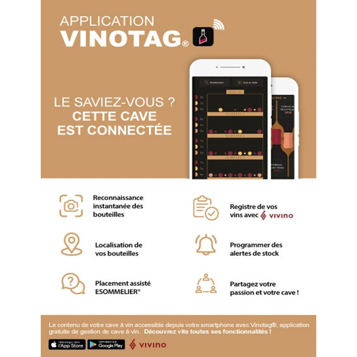Anuncio de app para gestión de bodega con pantallas de smartphone y funciones.
