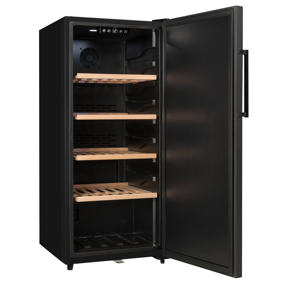 Enfriador de vino negro con puerta abierta, cuatro estantes de madera y pantalla digital.