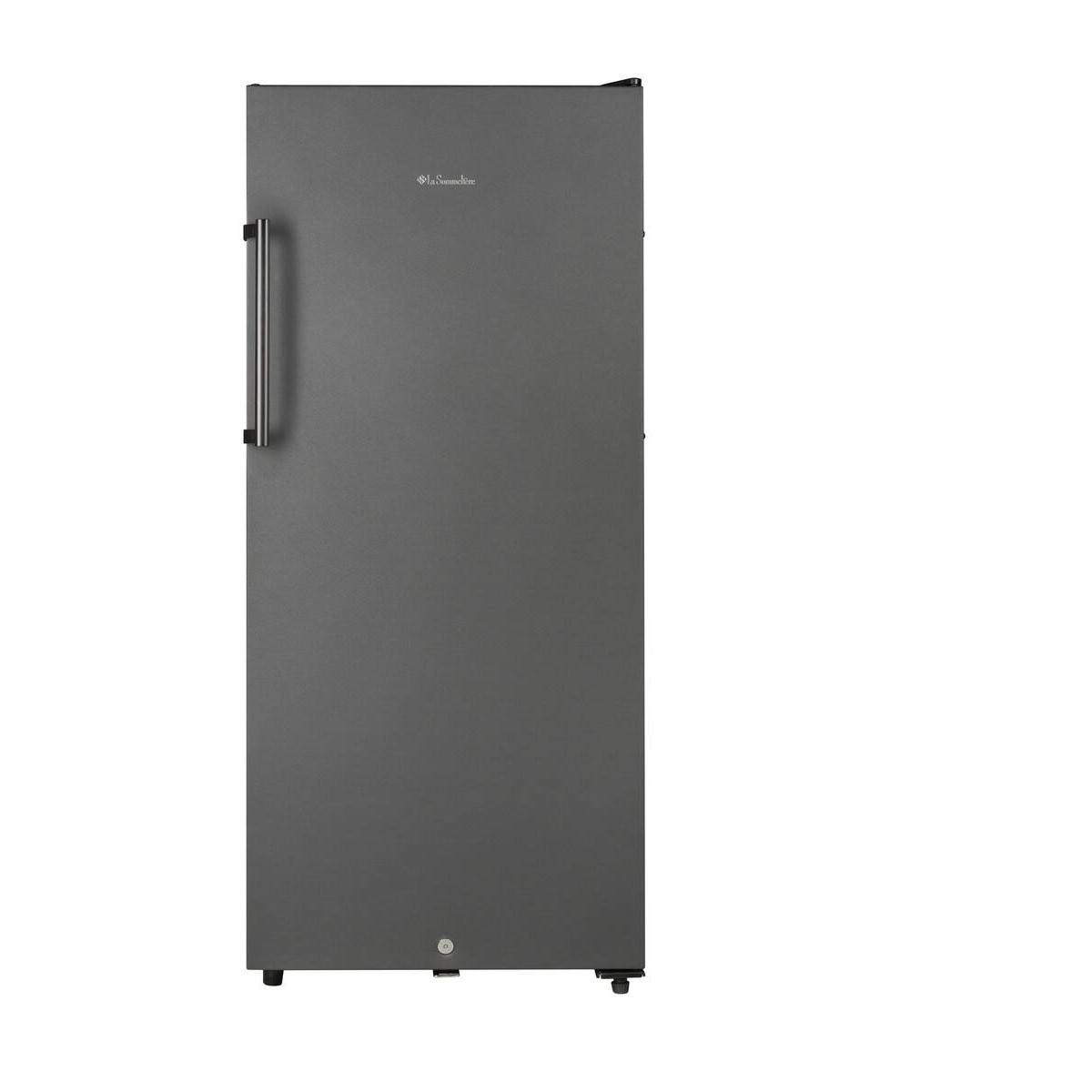 Un refrigerador gris y elegante con asa plateada y logo de marca.